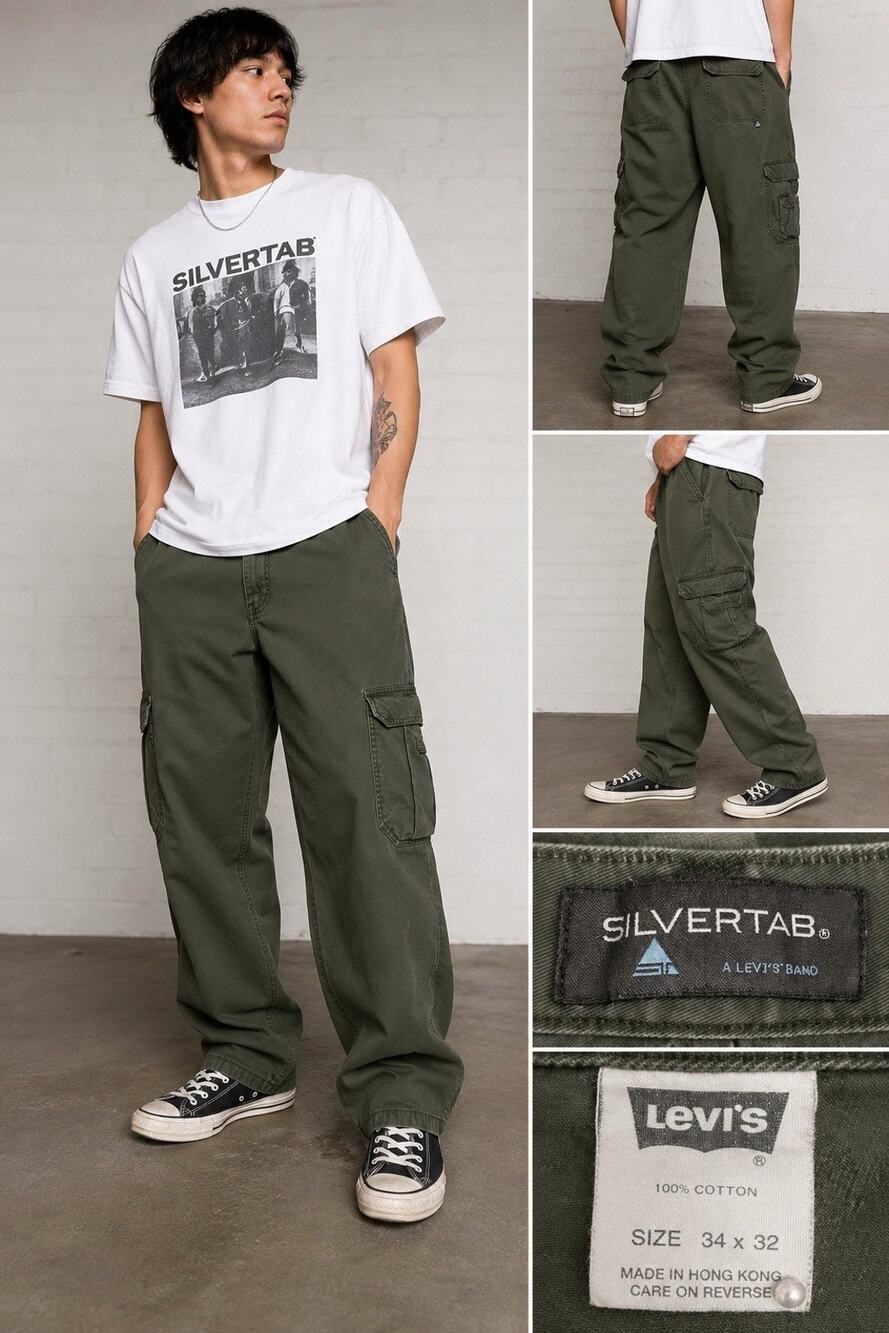 Levis SilverTab Cargo Pants Mens 34x32 Green Skater Baggy 90s Grunge Hong Kong